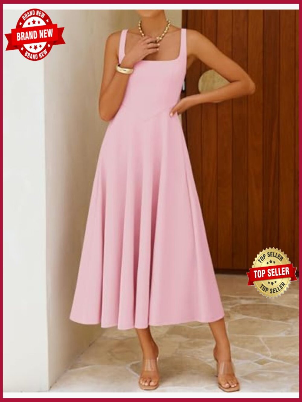 Sleeveless Square Neck Midi Dress with Pockets - Picture 5 of 7